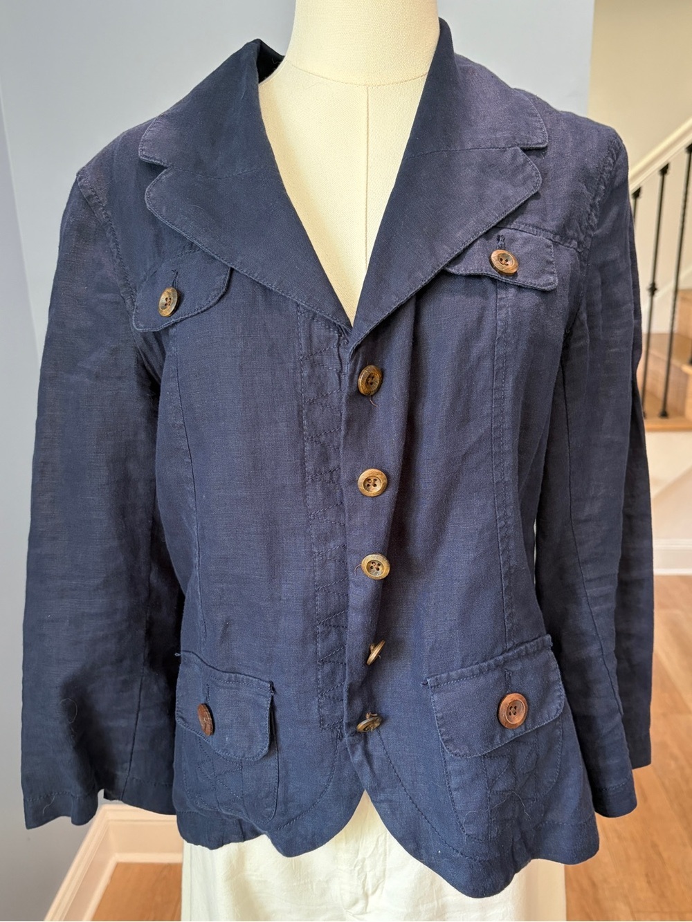 Merona 100% Linen Navy Safari Utility Blazer Jacket Size Small
